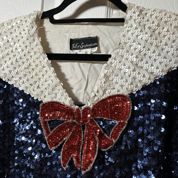 70s Sequined Vintage Top Red White Blue Bow Retro Pin Up Sailor Blouse Joed Sz S - Picture 6 of 9
